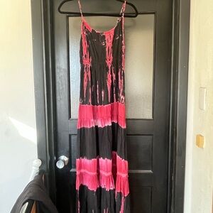 EARTHBOUND Black and Pink Tiered Maxi Sundress